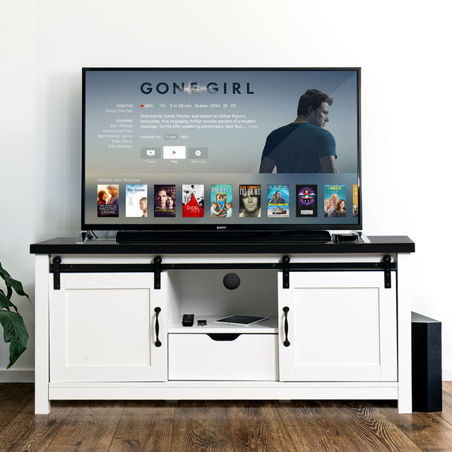 Living Room Wooden White Storage TV cabinet with 2 Barn doors 47.2 x 15.35 x 21.65 inch