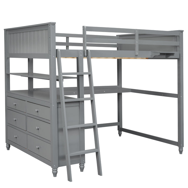 Full size Loft Bed with Drawers and Desk, Wooden Loft Bed with Shelves - Gray(OLD SKU:LT000529AAE)