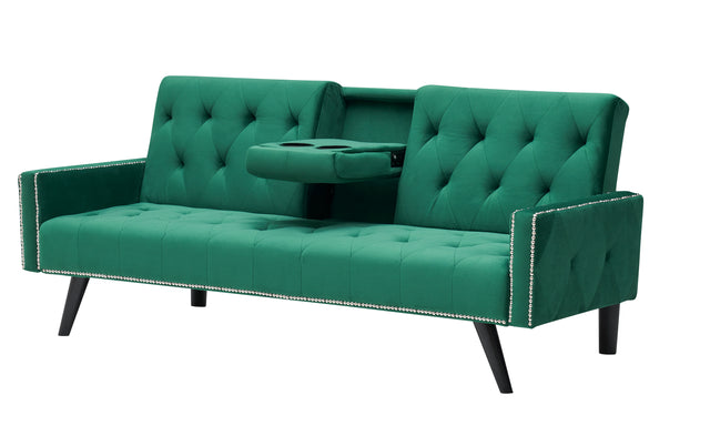 1730 Sofa Bed Armrest with Nail Head Trim with Two Cup Holders 72" Green Velvet Sofa for Small Spaces