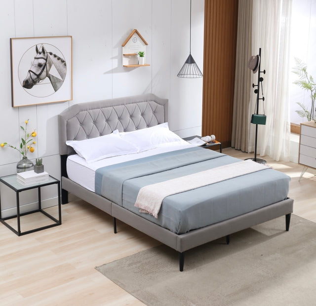Modern Linene Grey Curved Upholstered Bed (Queen)
