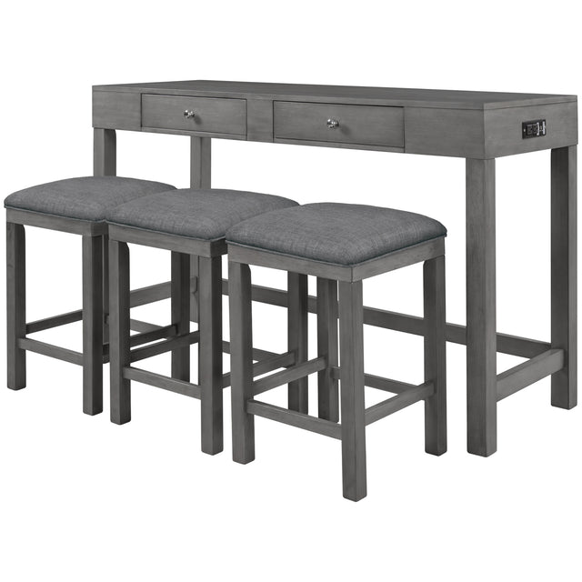 TOPMAX 4-Piece Counter Height Table Set with Socket and Fabric Padded Stools, Gray
