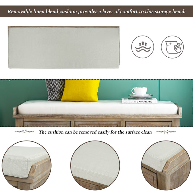 TREXM Rustic Storage Bench with 3 Drawers and 3 Rattan Baskets, Shoe Bench for Living Room, Entryway (White Washed)