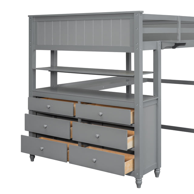 Full size Loft Bed with Drawers and Desk, Wooden Loft Bed with Shelves - Gray(OLD SKU:LT000529AAE)