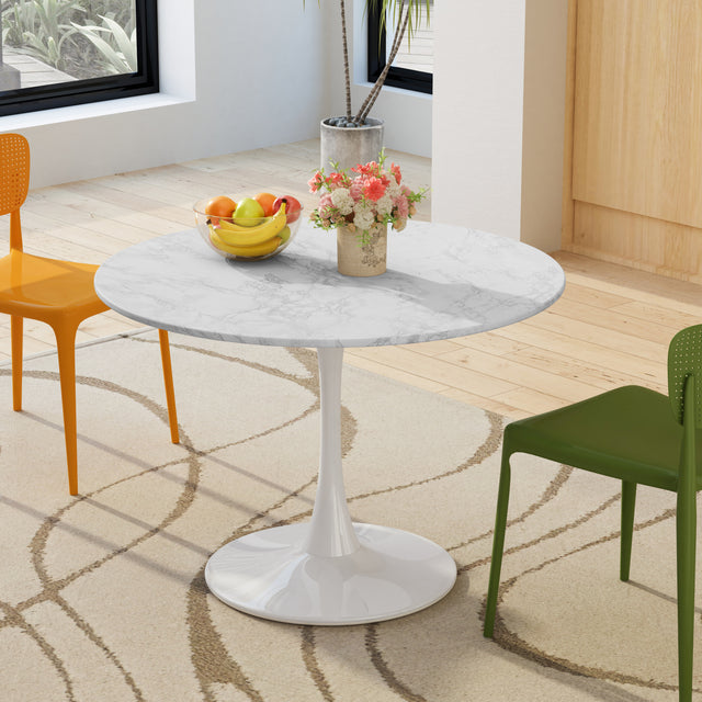 42.12"Modern Round Dining Table with Printed White Marble Table Top,Metal Base Dining Table, End Table Leisure Coffee Table