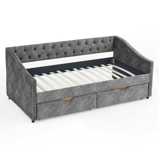 Twin Size Daybed with Drawers Upholstered Tufted Sofa Bed, with Button on Back and Copper Nail on Waved Shape Arms,Grey(81.5“x41”x30.5“)