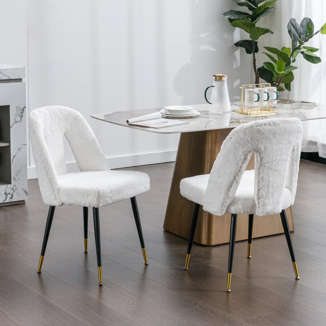 A&A Furniture,Akoya Collection Modern | Contemporary Rabbit Fur Fibre Upholstered Dining Chair with Nailheads and Gold Tipped Black Metal Legs, Cream White,Set of 2