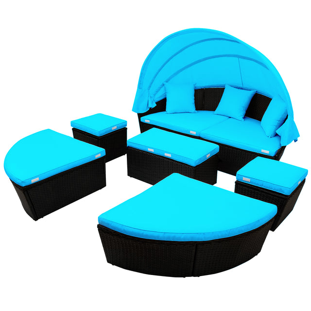 Outdoor rattan daybed sunbed with Retractable Canopy Wicker Furniture, Round Outdoor Sectional Sofa Set, black Wicker Furniture Clamshell Seating with Washable Cushions, Backyard, Porch, Blue.