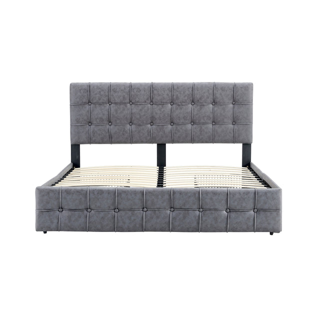 Hot Sale Queen Size Dark Grey Tech cloth Button Embedded Adjustable Headboard Height Upholstered Platform Bed Frame with Storage Drawers