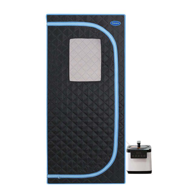 Portable Plus Type Full Size Steam Sauna tent. Spa, Detox ,Therapy and Relaxation at home.Larger Space,Stainless Steel Pipes Connector Easy to Install, with FCC Certification--Black(Blue binding)