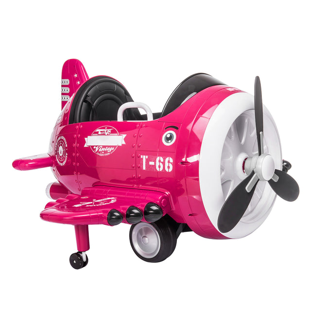 12V Electric Kids Ride on Toy Plane with USB, FM, Wind-Driven Propeller, 360-Degree Rotating by 2 Joysticks, Remote Control for Kids 3 to 6, Rose Red