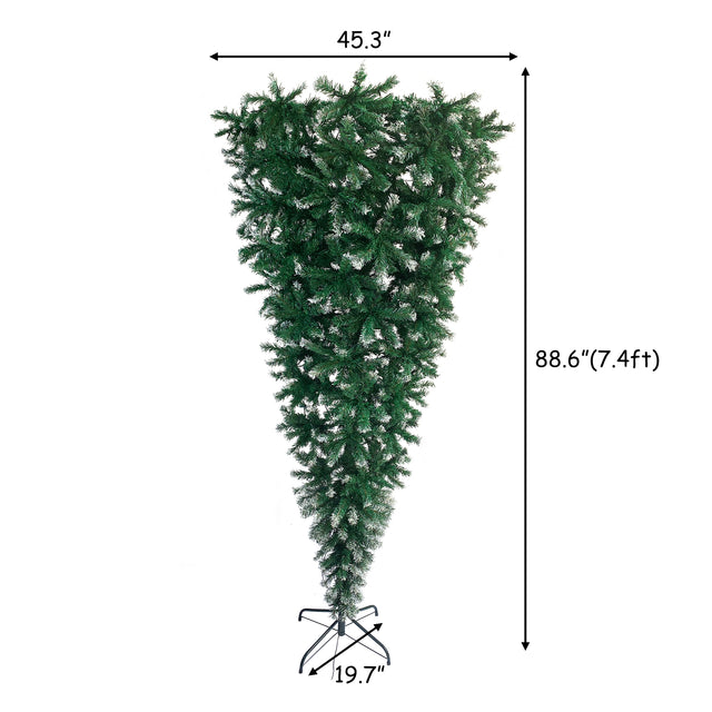 Upside Down Green Christmas Tree, Xmas Tree with LED Warm White Lights, Green leaves with part spraying White, Reinforced Metal Base & Easy Assembly 7.4ft X-mas