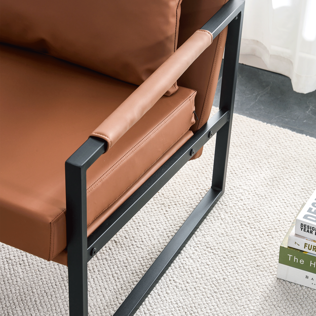 PU Leather Accent Arm Chair Mid Century Modern Upholstered Armchair with Metal Frame Extra-Thick Padded Backrest and Seat Cushion Sofa Chairs for Living Room ( Brown PU Leather + Metal Frame + Foam)