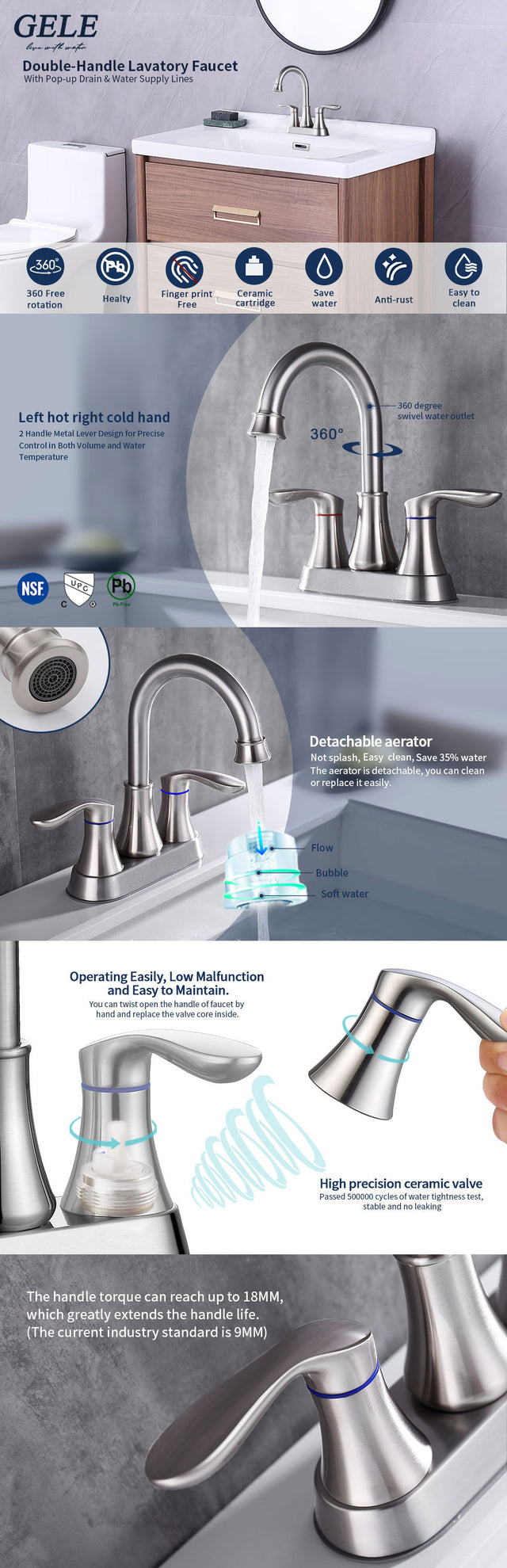 2-Handle 4-Inch Brushed Nickel Bathroom Faucet, Bathroom Vanity Sink Faucets with Pop-up Drain and Supply Hoses