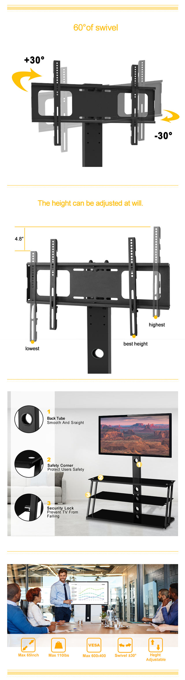 Black Multi-Function Angle And Height Adjustable Tempered Glass TV Stand