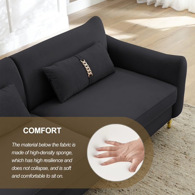 80.3" Modern Sofa Couch Upholstered Sofa Tufted Back Comfy Velvet Long Couch with 2 Pillows and Golden Legs for Living Room, Bedroom, Office, Apartment, Black