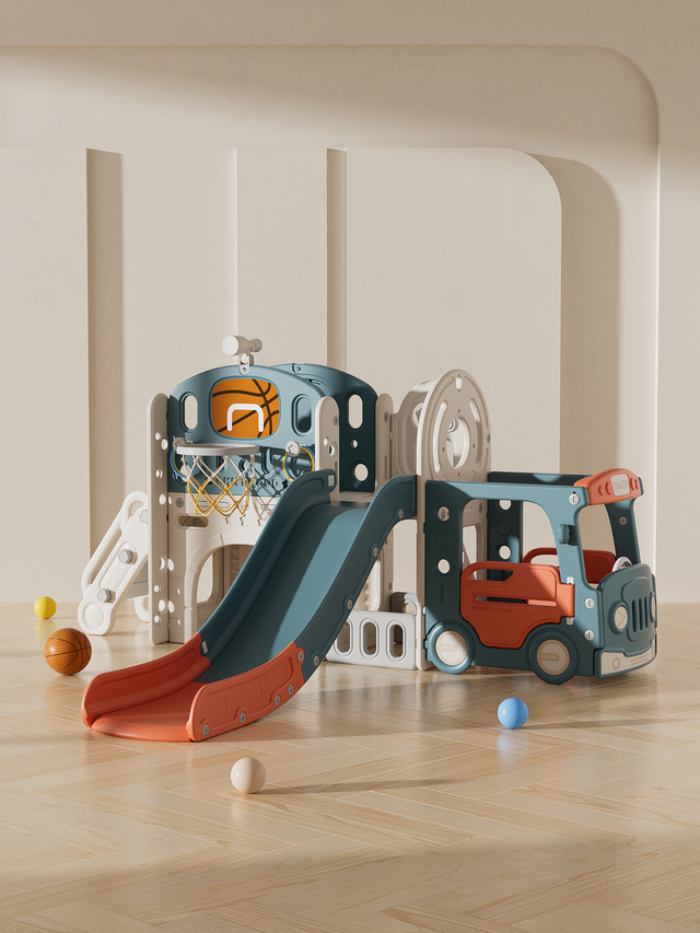 Kids Slide Playset Structure 9 in 1, Freestanding Castle Climbing Crawling Playhouse with Slide, Arch Tunnel, Ring Toss, Realistic Bus Model and Basketball Hoop, Toy Storage Organizer for Toddlers