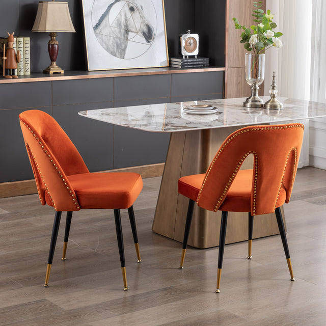 A&A Furniture,Akoya Collection Modern | Contemporary Velvet Upholstered Dining Chair with Nailheads and Gold Tipped Black Metal Legs, Orange,Set of 2
