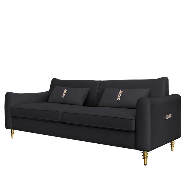 80.3" Modern Sofa Couch Upholstered Sofa Tufted Back Comfy Velvet Long Couch with 2 Pillows and Golden Legs for Living Room, Bedroom, Office, Apartment, Black