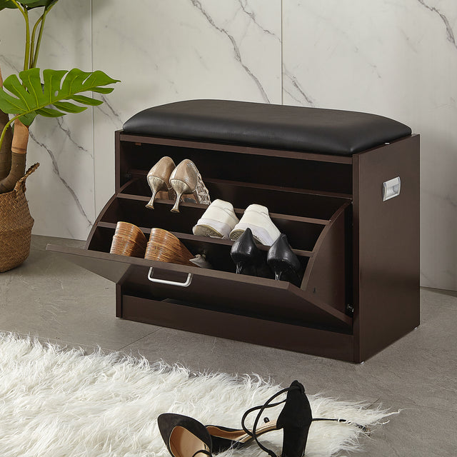 Living room shoe bench with PU seat,small size shoe cabinet,brown finish