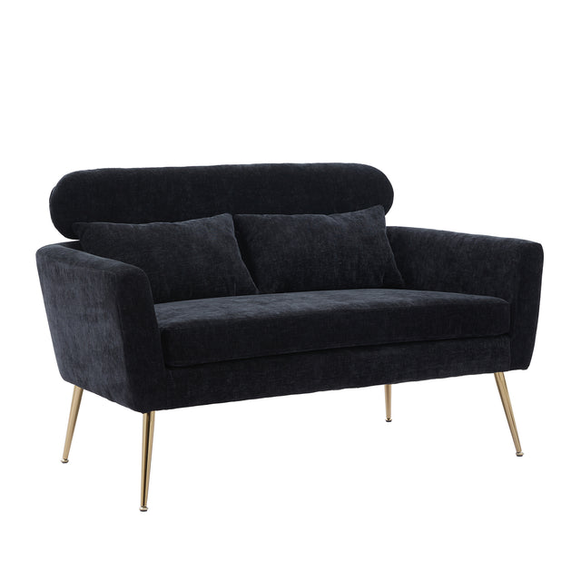 51"W Modern Chenille Loveseat Small Sofa Small Mini Room Couch Two-Seater Sofa With 2 Throw Pillows Gold Metal Legs for Small Space Office Studio Apartment Bedroom, Black Chenille