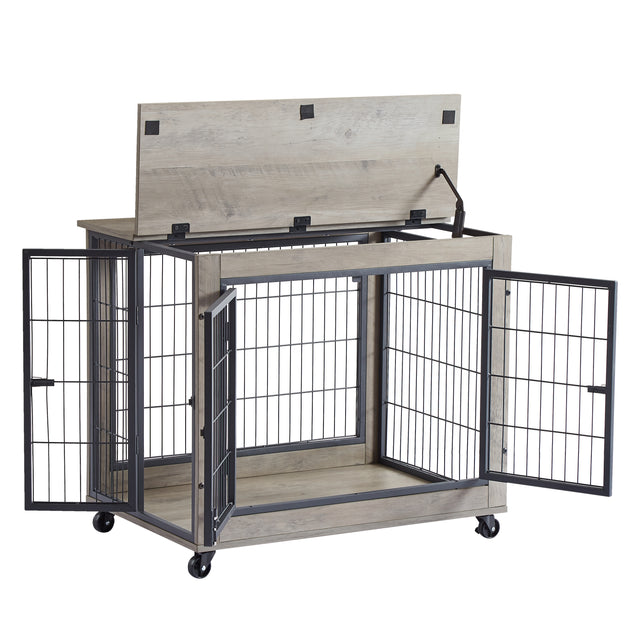 Furniture Style Dog Crate Side Table on Wheels with Double Doors and Lift Top. (Grey,31.50’’W*22.05’’D*25’’H)