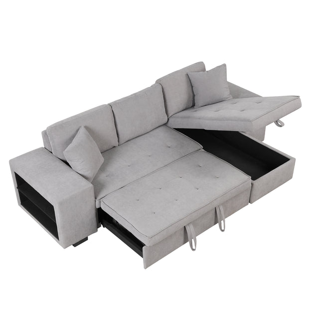 104" Pull Out Sleeper Sofa Reversible L-Shape 3 Seat Sectional Couch with Storage Chaise and 2 Stools for Living Room Furniture Set,Gray