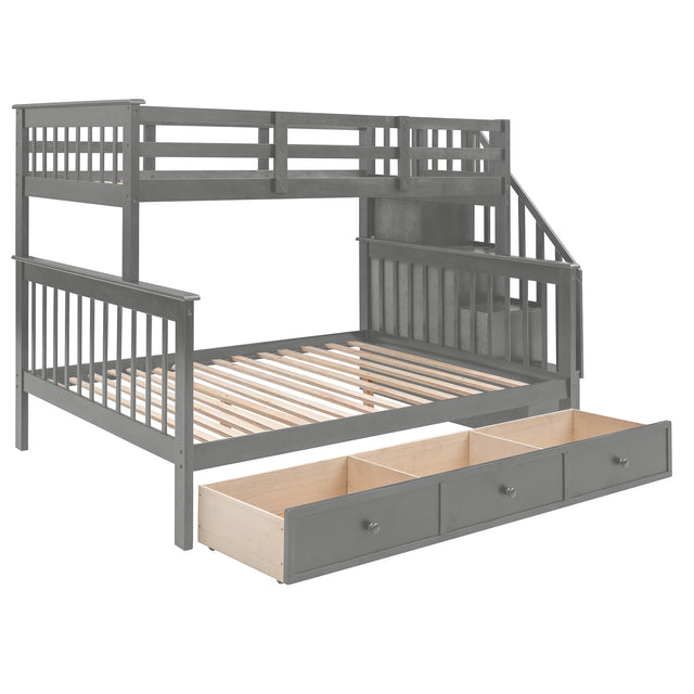 Stairway Twin-Over-Full Bunk Bed with Drawer, Storage and Guard Rail for Bedroom, Dorm, for Adults, Gray color(Old SKU: LP000219AAE)