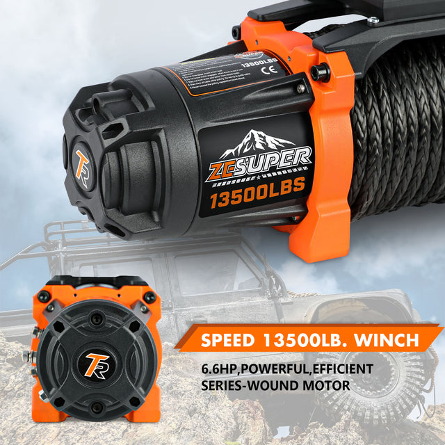 ZESUPER 12V 13500 lb Load Capacity Electric Winch Synthetic Rope Hook Winch Kit Waterproof IP66 Electric Winch with Hawse Fairlead and 2 in 1 Wired Handle and Wireless Remote