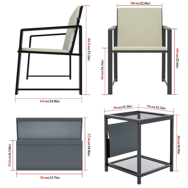 Outdoor Patio Furniture 3 pieces Set Garden Armchair Coffee Side Table,Black Frame, Modern Design