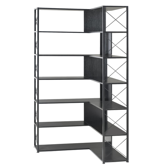 7-Tier Bookcase Home Office Bookshelf, L-Shaped Corner Bookcase with Metal Frame, Industrial Style Shelf with Open Storage, MDF Board