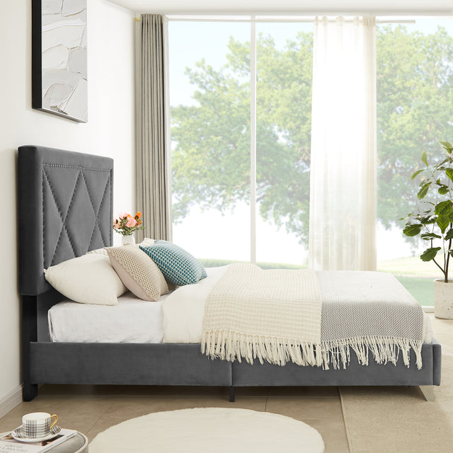 B109 Soft mattress with copper nail headboard, Queen bed, strong wooden slats + metal support feet, Gray Flannelette