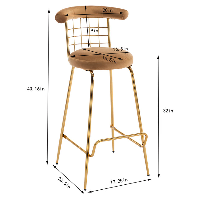 Bar Stool Set of 2, Luxury Velvet High Bar Stool with Metal Legs and Soft Back, Pub Stool Chairs Armless Modern Kitchen High Dining Chairs with Metal Legs, Camel