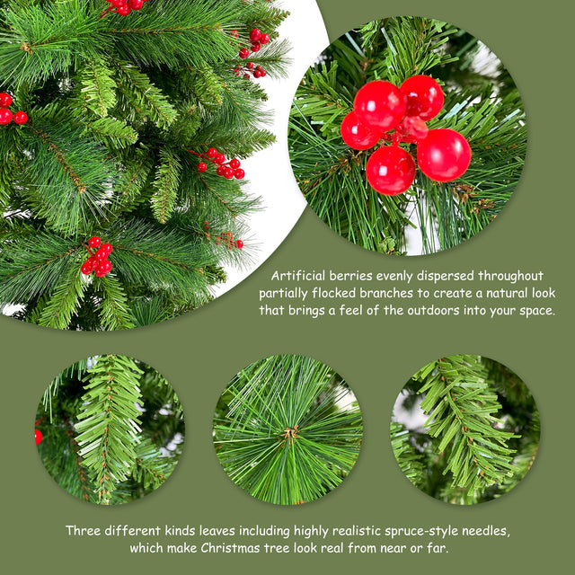 GO 7.4 ft Upside Down Green Christmas Tree Hinged Spruce Full Tree, 1500 branch tips, with Red Artificial Berries, PVC Pine Needles, Artificial Holiday Christmas Pine Tree for Home, Office, Party.