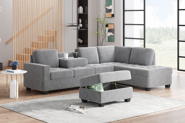 Orisfur. Modern Sectional Sofa with Reversible Chaise, L Shaped Couch Set with Storage Ottoman and Two Cup Holders for Living Room