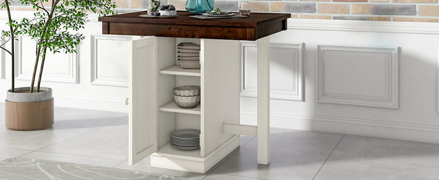 TOPMAX Farmhouse Counter Height Dining Table, Square Wood Table with 3-Tier Adjustable Storage Shelves and Wine Racks for Small Spaces, White