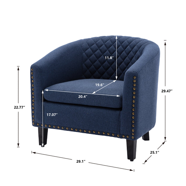 COOLMORE accent Barrel chair living room chair with nailheads and solid wood legs Black Navy Linen