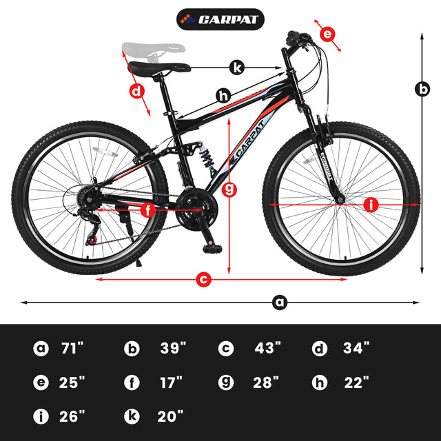 S26206 26" 21-Speed Bicycle for Adult, Front and rear shock absorption, Camping Bicycle, Height Adjustable ,Mountain Bicycle for Roadways, Mountains bike