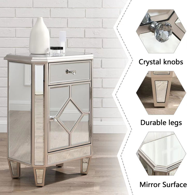 Champagne color mirror single pull single door small side cabinet, multi -function bedside cabinet