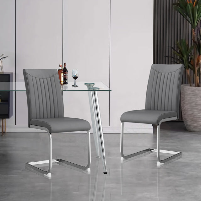 Modern Dining Plating leg Dining chair Chair, PU Leather High Back Cushion Side Chair with Vertical stripe backrest pattern for Dining Room Kitchen Vanity Patio Office Chair (Set of 2) (Grey+PU)