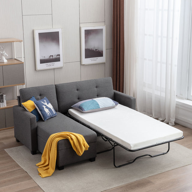 78.3" Convertible Sleeper Sofa Bed,Linen Pull Out Couch with Storage Chaise,Sleeper Counch with Memory Foam Mattress for Small Space Living Room Bedroom Office,Gray