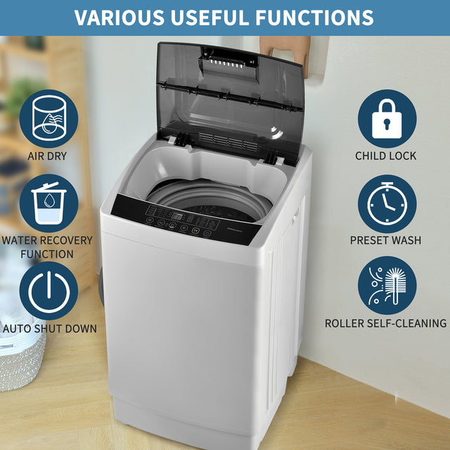 Top Loading Compact Fully Automatic Washing Machine, 1.24 Cu.ft, with LED Display, 8 Water Levels, 10 Wash Programs, Wash Schedule, Tub Air Dry, Tub Self Clean, Child Lock,Dorms, RVs, Camping
