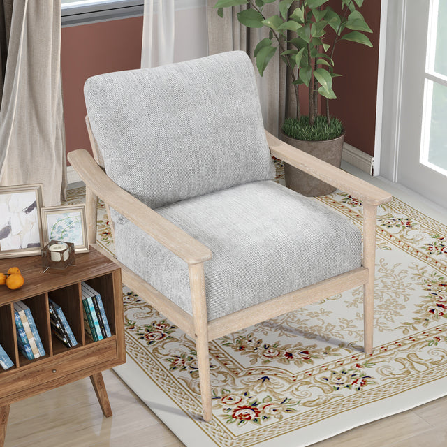 【EAT 3.10】Mid Century Modern Chair with Solid Wood Frame,Arm Chair with Vertical Slatted Back,Thick Pad Upholstered Accent Chair for Living Room, Bedroom, Belcony, Natural