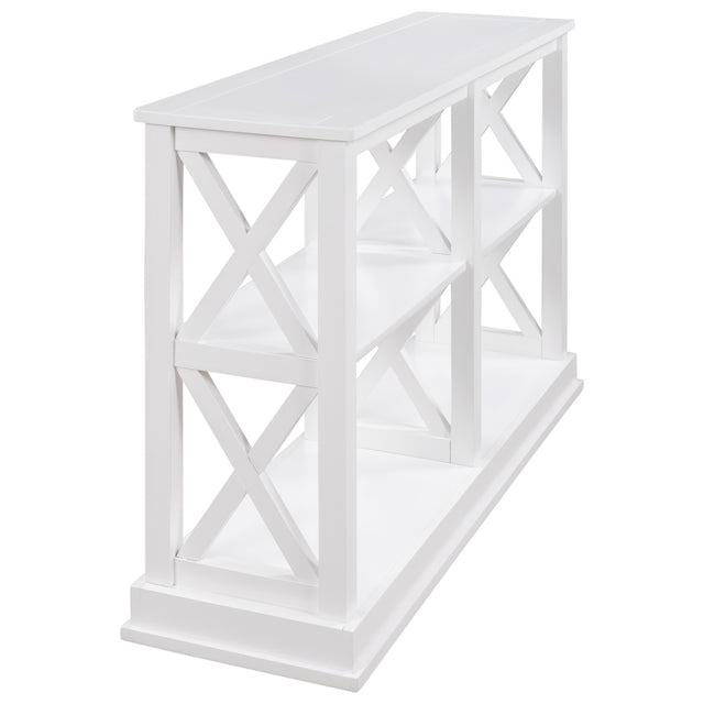 TREXM Console Table with 3-Tier Open Storage Spaces and "X" Legs, Narrow Sofa Entry Table for Living Room (White)