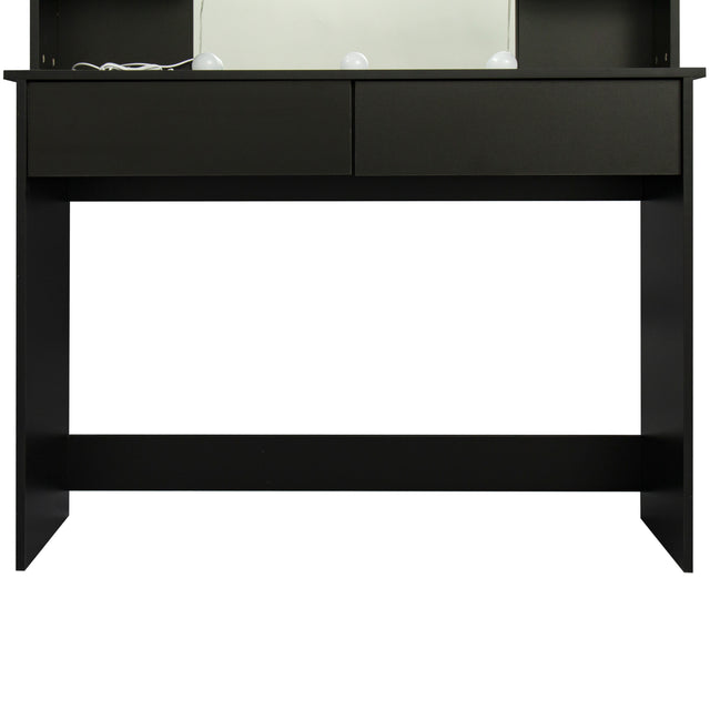 Modern Dressing table with 2 Drawers, 4 open shelves,Rectangular Makeup Table with Mirror, 10-lamp bulb,,42.52*15.75* 52.76inch,for Bedroom, Black