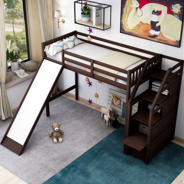 Twin Size Loft Bed with Storage and Slide, Espresso