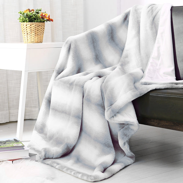 Printed Faux Rabbit Fur Throw, Lightweight Plush Cozy Soft Blanket, 50" x 60", Grey Strip