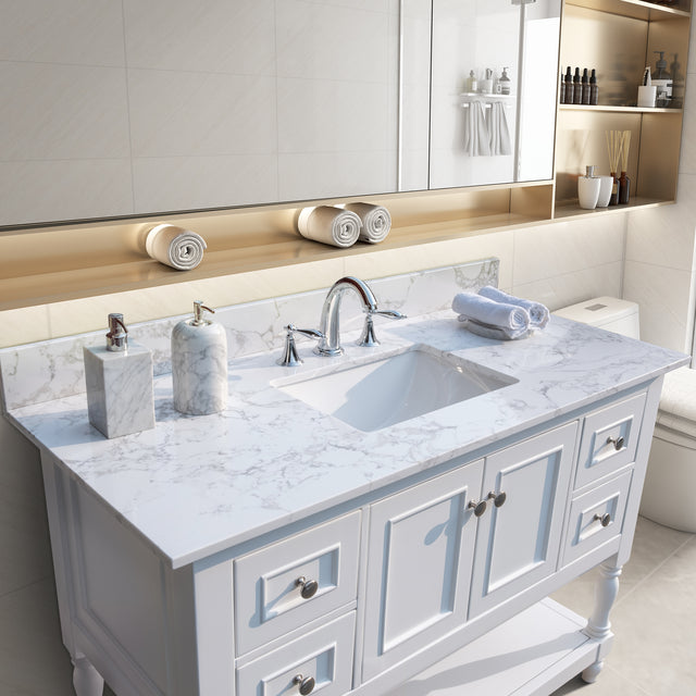 Montary 43‘’x22" bathroom stone vanity top engineered stone carrara white marble color with rectangle undermount ceramic sink and 3 faucet hole with back splash .