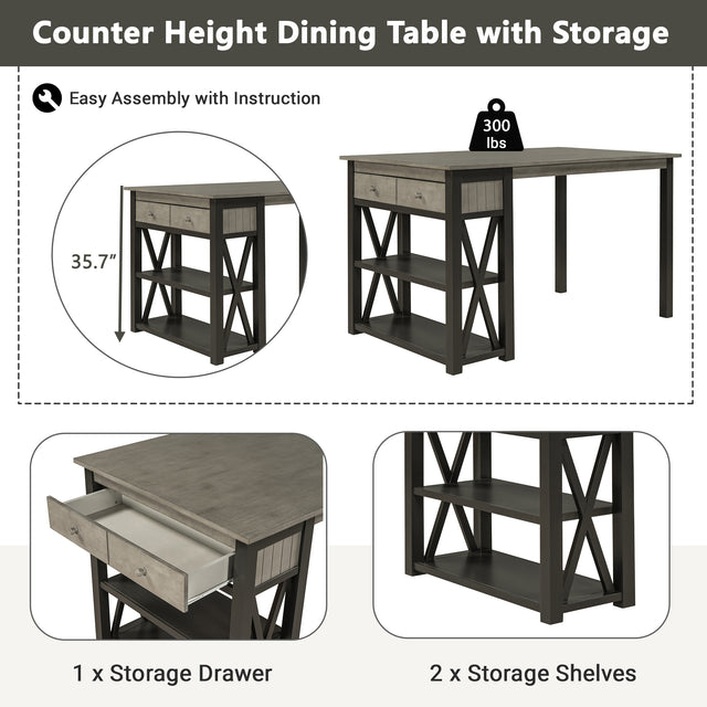 TOPMAX Rustic Wood 4-Piece Counter Height Dining Table Set with Storage Shelves and Drawer, Kitchen Table Set with 2 Stools and Bench, Gray