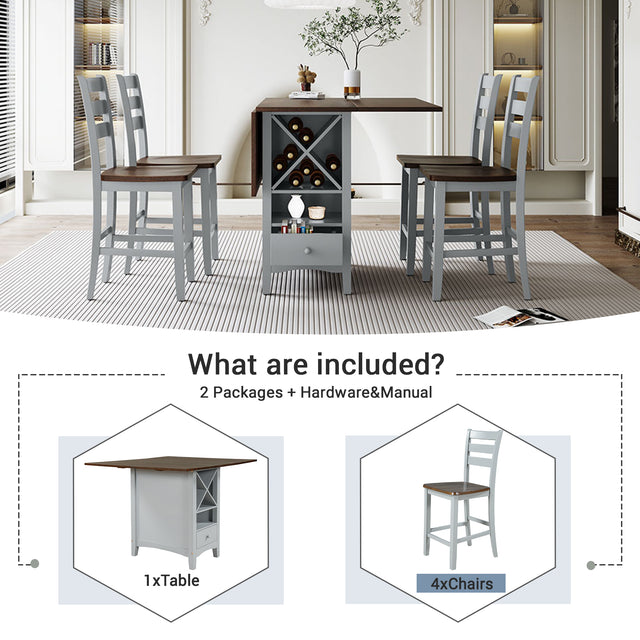 TOPMAX Farmhouse Wood Counter Height 5-Piece Dining Table Set with Drop Leaf, Kitchen Set with Wine Rack and Drawers for Small Places, Cherry+Gray