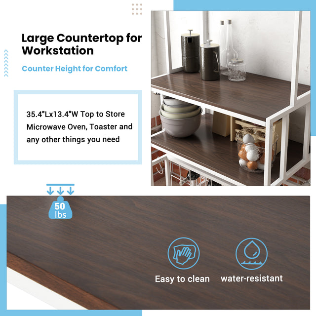 TOPMAX Updated Industrial Modern 5-Tier Baker Rack, Freestanding Bar Wine Rack Table with Glass& Cup Holders&Hooks, Dark Brown